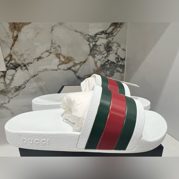 Gucci White Pursuit Web Accent Red Green Slides New - Picture 3 of 11